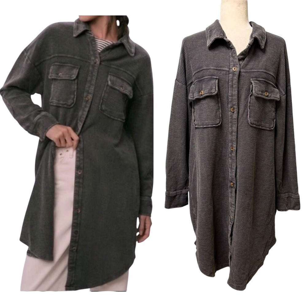 Pilcro Corduroy Shacket Duster Shirt Dress Women M Grey Long Sleeve Button Front
